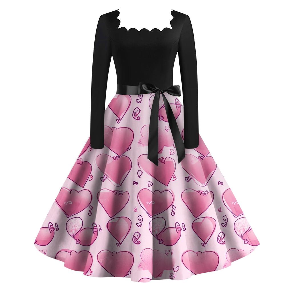 Женское винтажное классическое платье с длинным рукавом и принтом на День святого Валентина с квадратным вырезом и распашным платьем