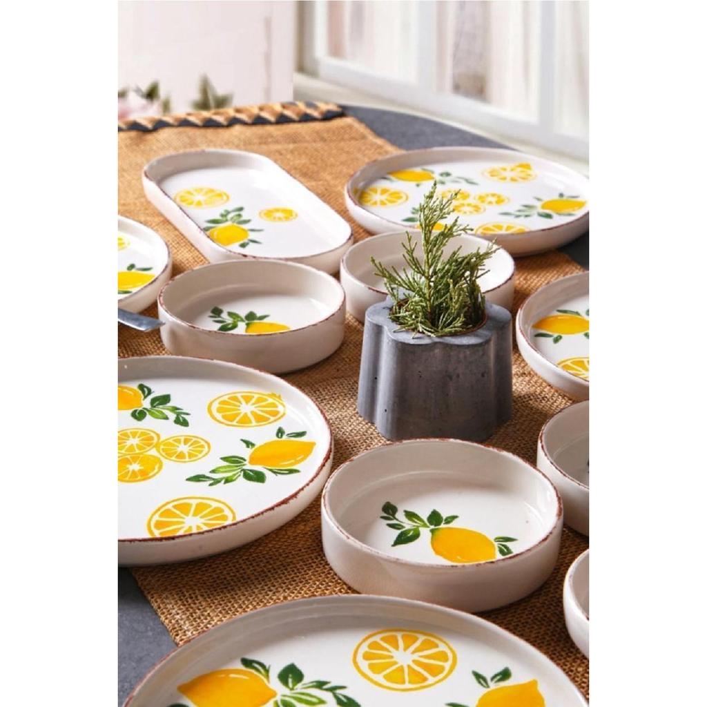 14 Piece Stackable Lemon Pattern Breakfast Set For 6 Persons Handmade Special Design Breakfast Set