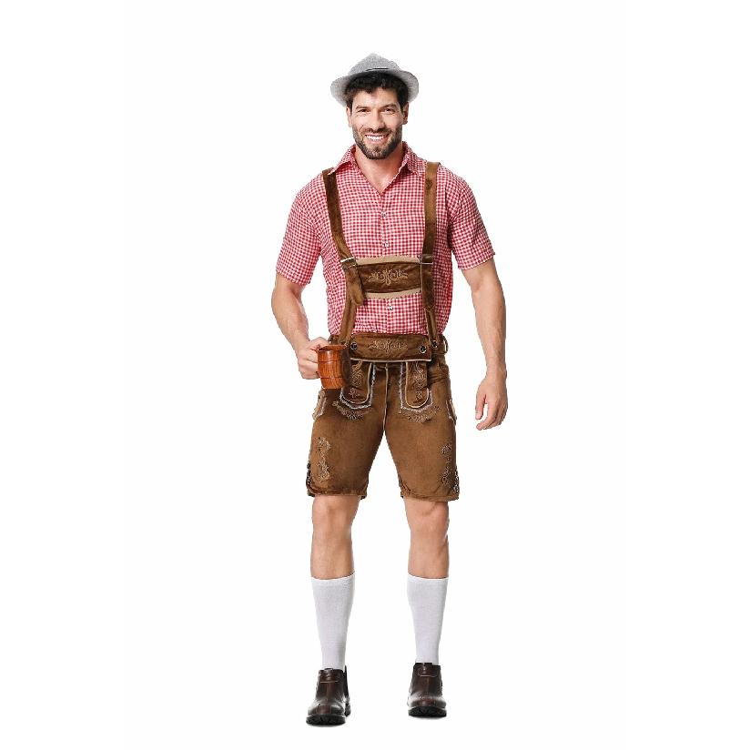 Bavarian Octoberfest German Beer Costume Male Oktoberfest Lederhosen Costume Beer Shirt Suspender Shorts Hat Cosplay Costumes