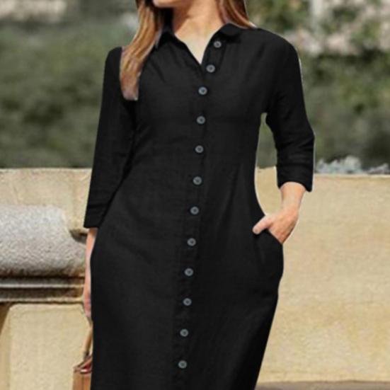 Spring Summer Women Dress Loose Pure Color Single-breasted Side Pockets Lapel V Neck Long Sleeves Split Hem Soft Breathable Casual Ankle Length