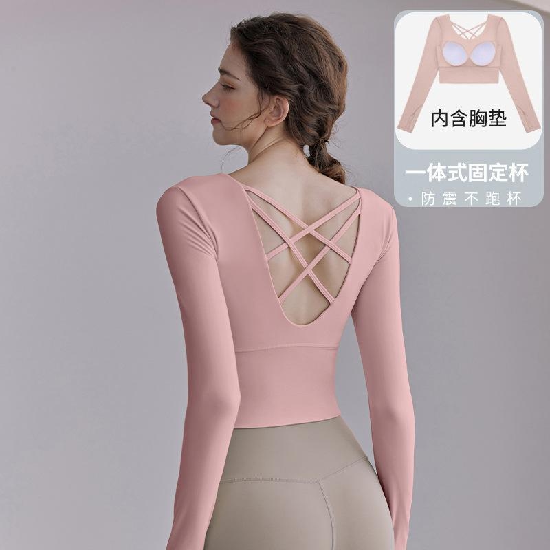 Direct supply, yoga with chest pad, beautiful back T-shirt, slim fit and thin, nude fitness sports running long-sleeved top