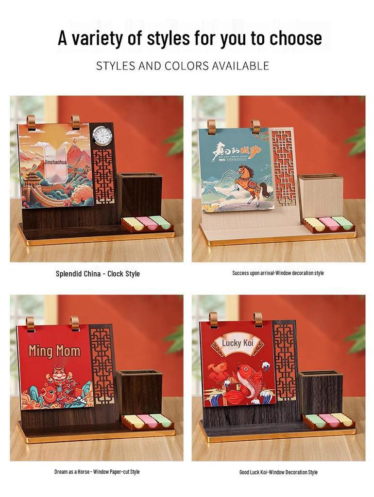 Настольный календарь на 2026 год: Многофункциональная деревянная подставка с подставкой для ручек и планером самодисциплины - Изысканный подарочный набор, настраиваемый