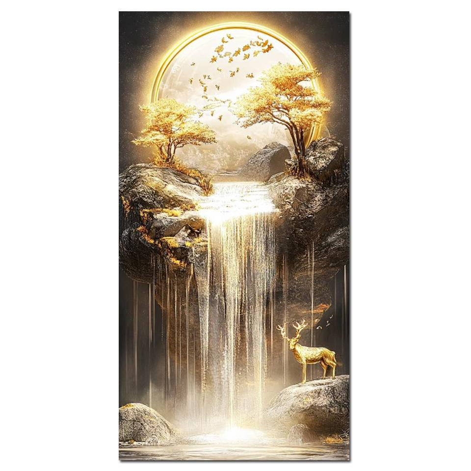 New Arrivals 5D Diamond Painting Art Golden Waterfall Tree Moon Landscape Picture Full Diamond Mosaic Embroidery Rhinestone