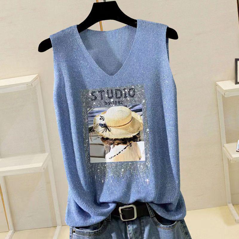 2023 Блестящий шелковый женский жилет без рукавов с V-образным вырезом - Новый стиль весна/лето, свободный крой с вязаным дизайном на бретелях с горячими бриллиантами