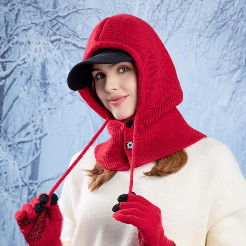 Зимняя теплая вязаная шапка с защитой ушей и перчатками, женская шаль, цельный пуловер, шерстяная шапка