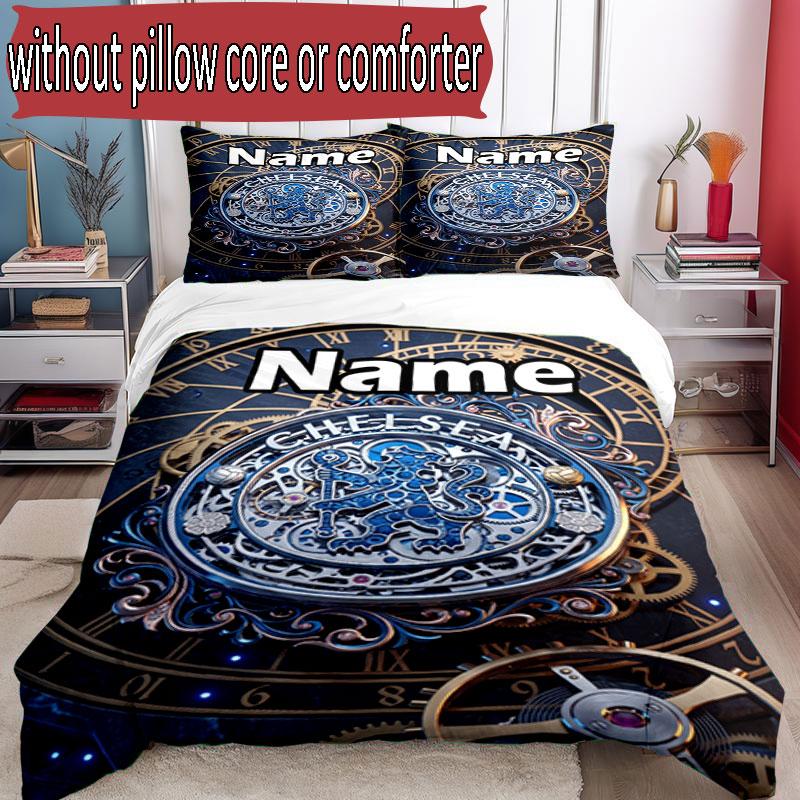 3pcs Duvet Cover Set (1*Duvet Cover + 2*Pillowcase, Without Core), Custom Name Chelsea Football Club Pattern Bedding Set, Home Bedroom Decor Gift