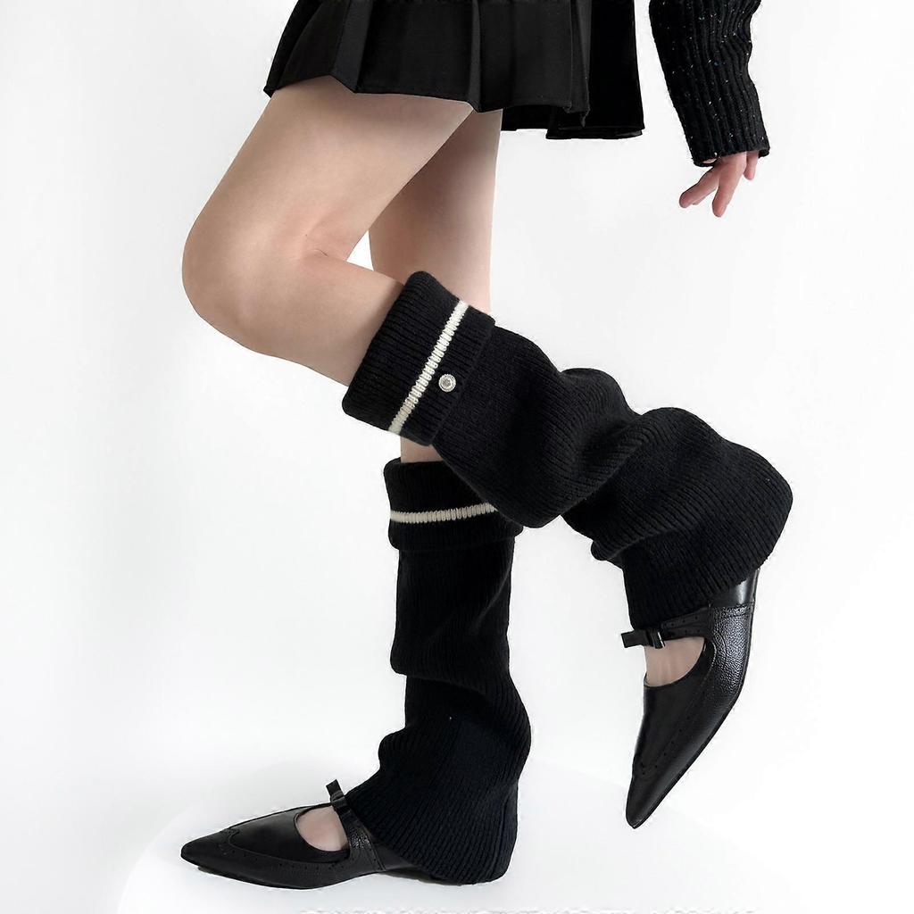 Women Korean Style Knitted Leg Warmers with Metal Button Elegant Turn Cuff Striped Boot Covers Flared Slouchy Calf Socks Gray