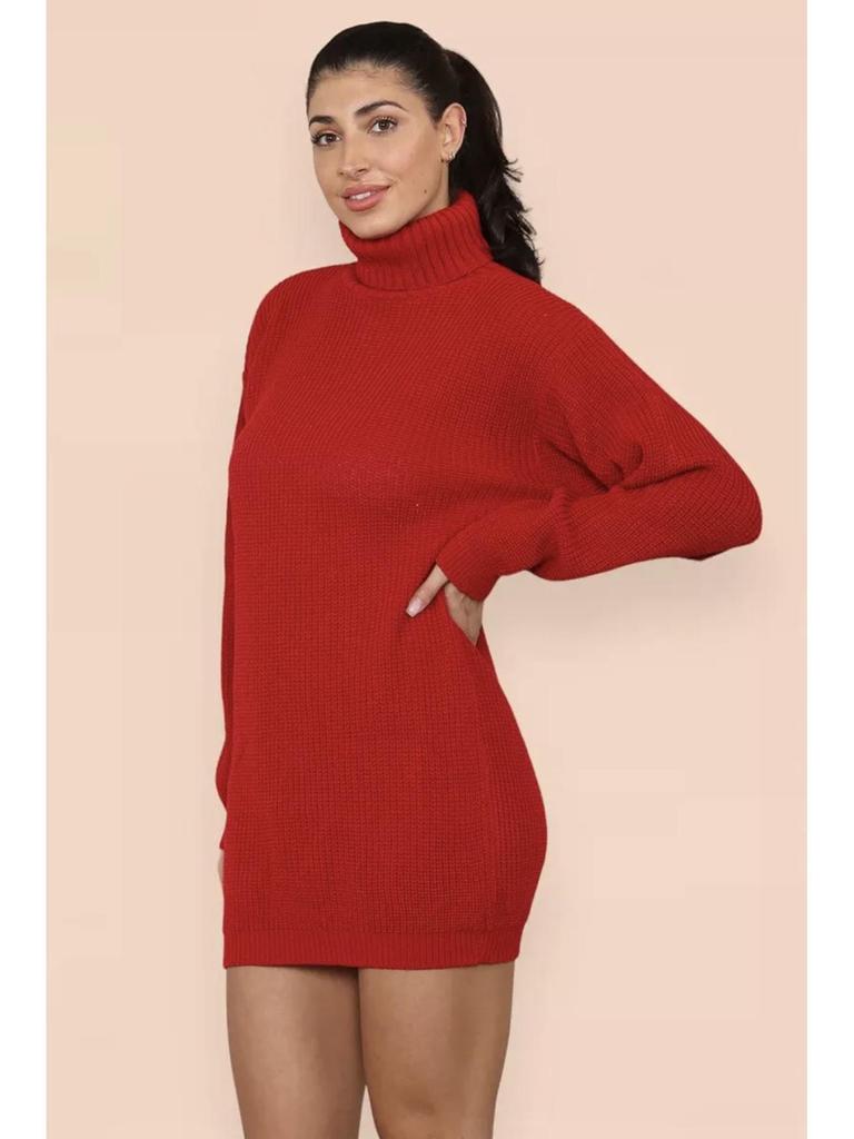 Women's Knitted Turn-Down Collar Sweater Dress - Loose Mid-Length Solid Color Pullover
