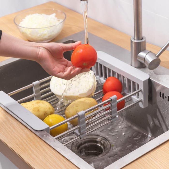 Adjustable Sink Drainer Basket Vegetable Dish Dryer Gray