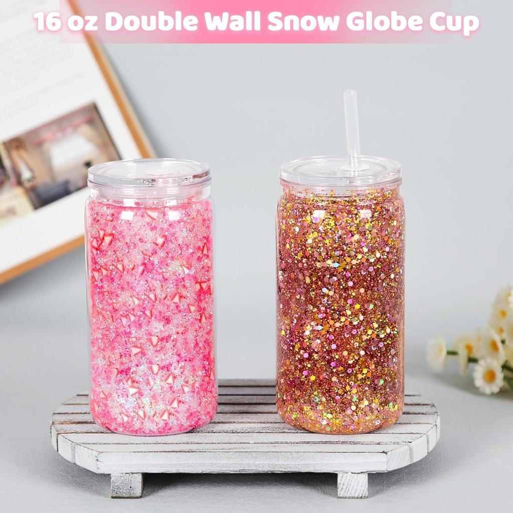 8 Pack Plastic Snow Globe Tumbler, 16 Oz Double Wall Plastic Can with Lid and Straw, Plastic Mason Jar Mug for Snow Globe Glitter DIY Gift (Clear)