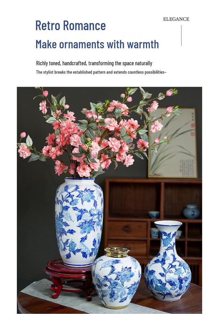 Elegant Blue and White Porcelain Vase: Retro Ceramic Ornament for Living Room Flower Arrangements