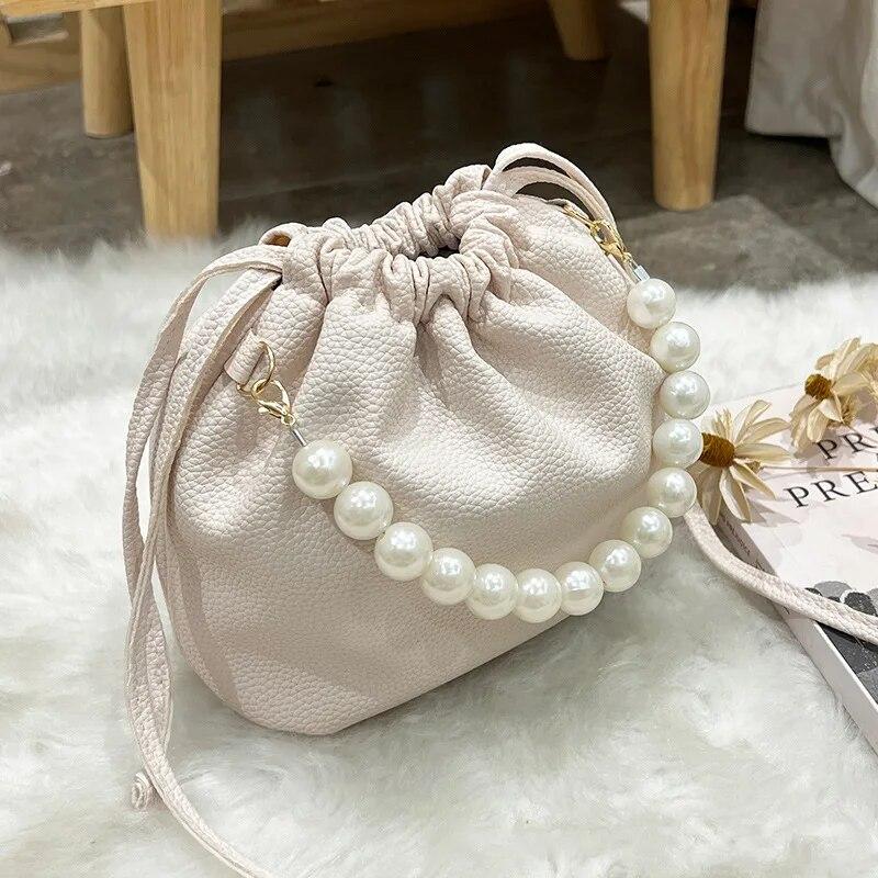 Pearl Chain Handbag Fashion PU Bucket Shoulder Bag For Lady