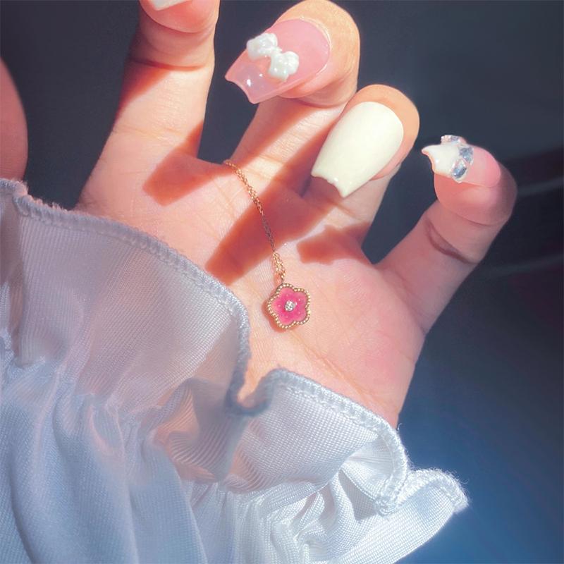 Peach Blossom Necklace Pink Flower Pendant Sweet Cute Collar Chain Shiny Zircon Clavicle Chain For Women  Jewelry Gift