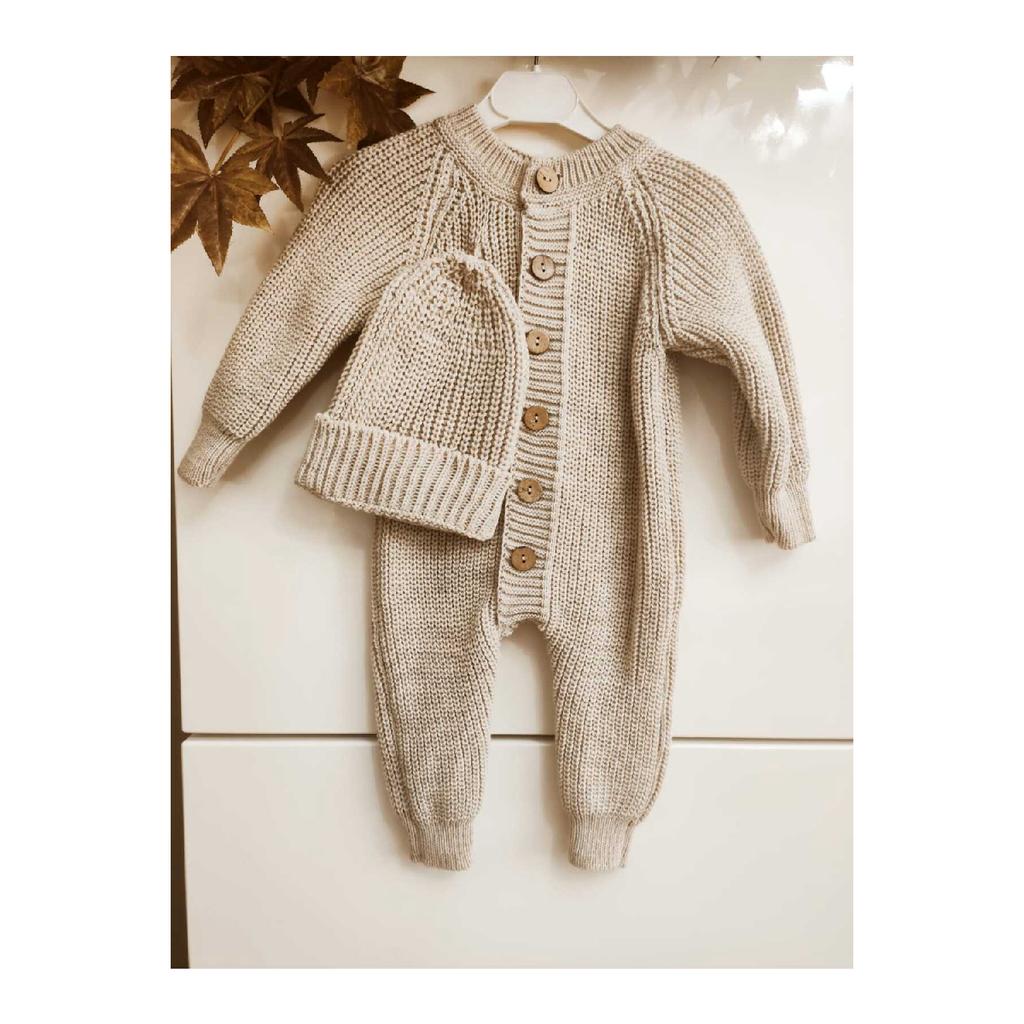 Buttoned Beige Thessaloniki Knitted Knitted Baby Jumpsuit With Hat