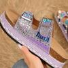 New Style Chunky Sole Hemp Rope Double Buckle Rhinestone Beach Sandals - Plus Size Women's Shoes