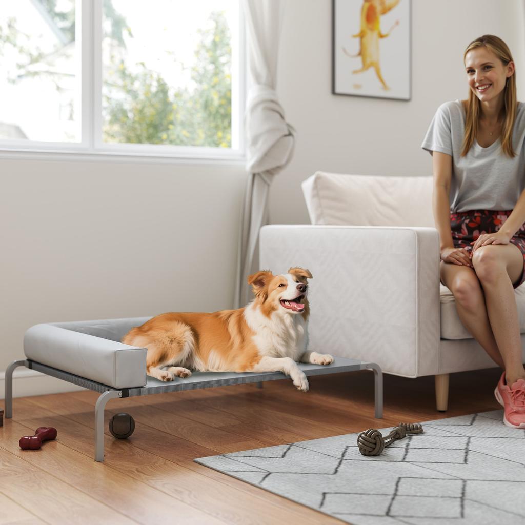 Outdoor Dog Bed, Elevated Dog Bed for Medium-Sized Dogs, with L-shaped Cushion 110x75x30cm, Light Grey