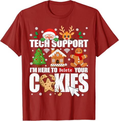 Техническая поддержка для удаления ваших файлов cookie Мужские уродливые рождественские футболки IT-гиков Пижама Санта-Клауса в стиле Y2K Семейные одинаковые футболки