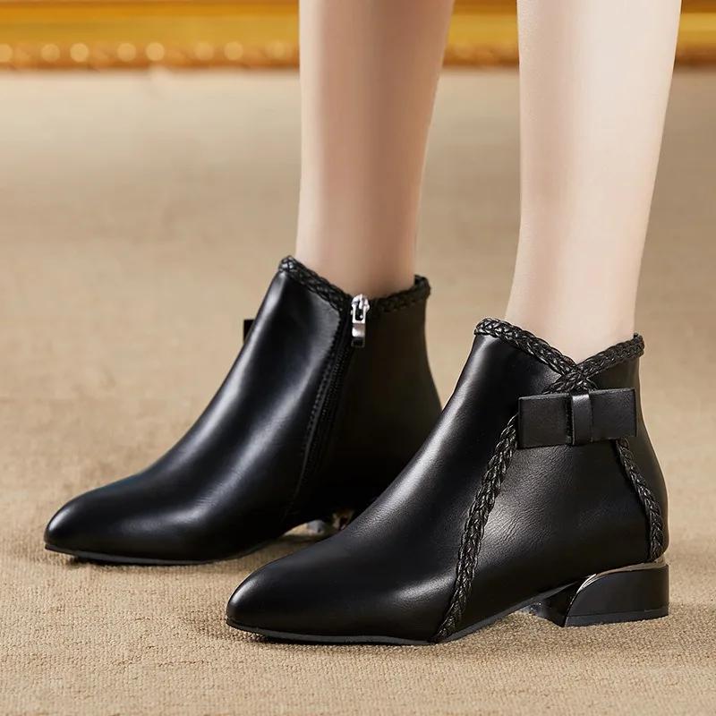 Retro Modern Boots Ladies Shoes 2024 Plus Size Ankle Women's Boots Fashion Bow Tie Pointed Toe Low Heel Side Zip Shoes Female