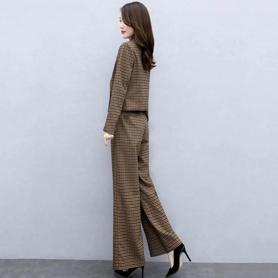 2 Pcs/Set Women Coat Pants Set Lapel Buttons Cardigan Plaid Print Long Sleeve Jacket Wide Leg High Waist Straight Trousers Lady Formal Commute Outfit