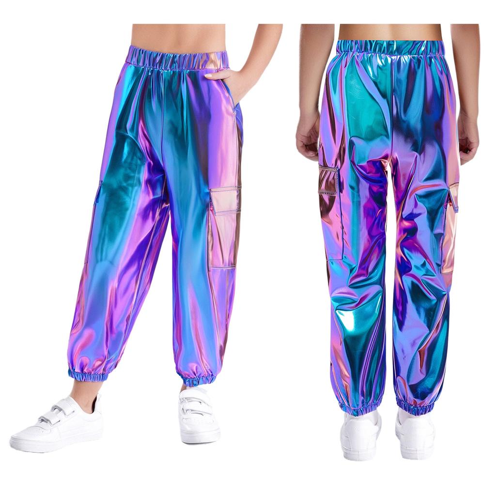 Детские блестящие танцевальные брюки унисекс с металлическим блеском и эластичной талией, с функциональными карманами, сценический наряд