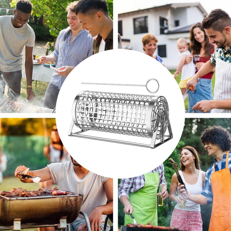 Корзина для гриля на колесах, вращающаяся сетка для гриля, трубка для барбекю, переносная сетка для барбекю, нержавеющая сталь, инструменты для барбекю на открытом воздухе для пикника, кемпинга