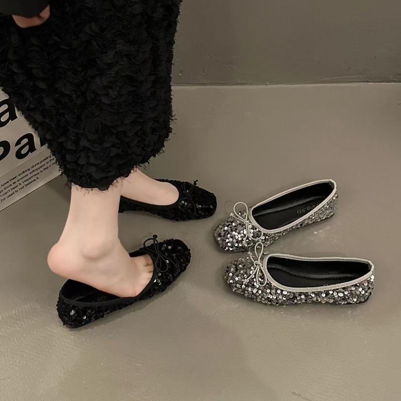 Summer Square Toe Shallow Toe Flat Heel Sequined Women's Bean Shoes
