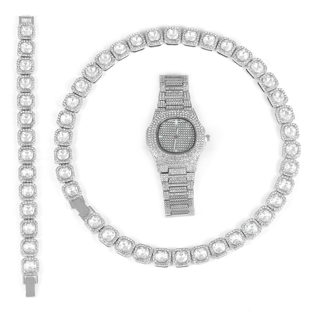 Набор медных часов и украшений из 3 предметов: Цепь «Кубик сахара» + Браслет с инкрустацией стильными бриллиантами, Часы для мужчин и женщин, Тренд, Вечеринка, Подарок