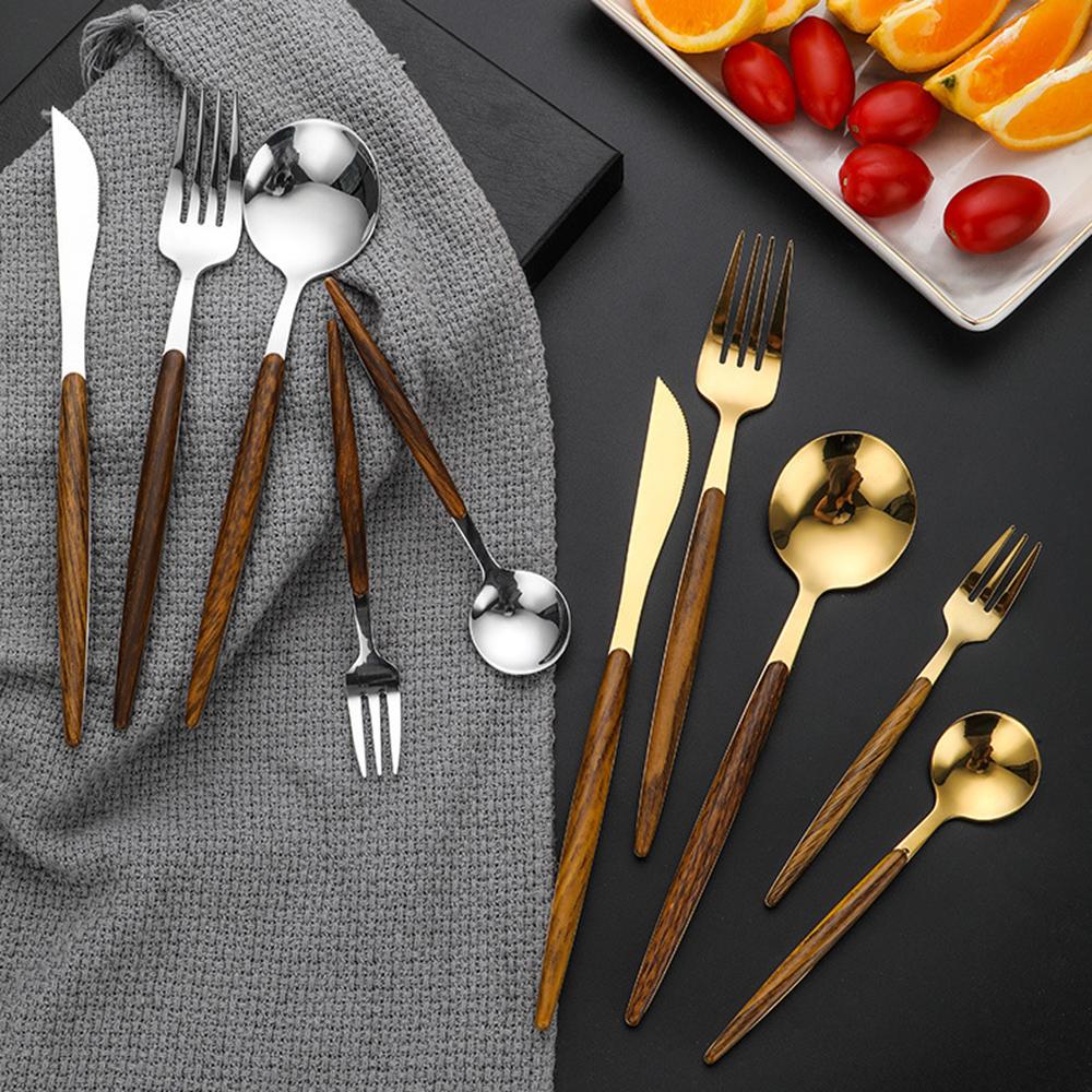 20-Piece Silverware Set with Cake Fork, Stainless Steel Flatware Cutlery Set for 4, Tableware Eating Utensils Set with Wooden effect Handle