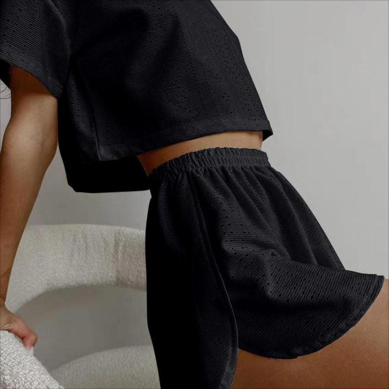 Elegant Women's Sets Spring And Summer Sports And Casual Suit Women Solid Colour Hollow Open Fork Dew Neck Short Two Piece Set