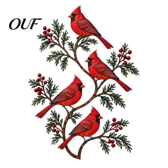 Unique Gifts for Garden Lovers Metal Bird Wall Decor, Red & Chickadee Sculpture with Branches and Whimsical Decorations Berries, 2D Iron Art
