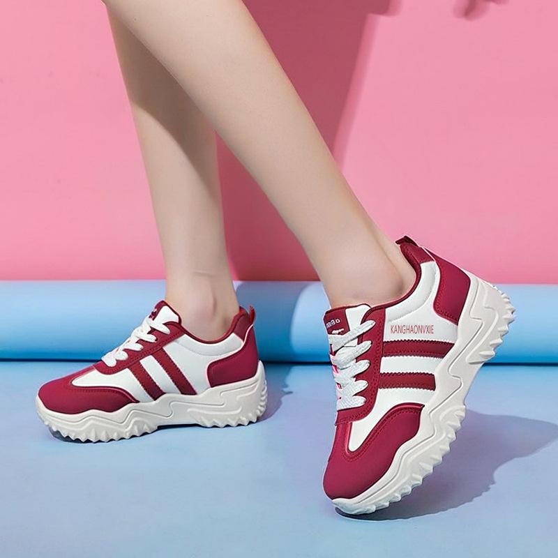 New Casual Sports Shoes Spring Tide Leather Thick Sole Heightening Women's Shoes Muffin Travel Dad Shoes Versatile Single Shoes