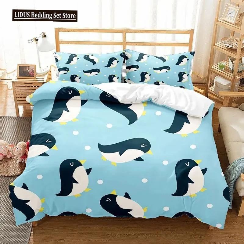 Cartoon Penguin Duvet Cover Collection For Boys Girl Animated Antarctic Animal Polyester Quilt Cover White Black King Queen Size