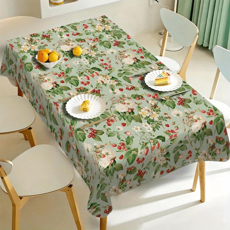 1pc 2D Flat Printed Tablecloth, Fresh Berry Floral Design, All-Over Print with White Daisies, Red Berries, Green Leaves, and Other Natural Elements, R