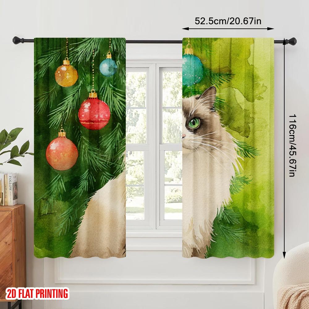 2pcs,2D Plane Printing Curtains Digital Printed Longhair Cat by Tree Durable Polyester (without Rod) Art Deco Festive Use for