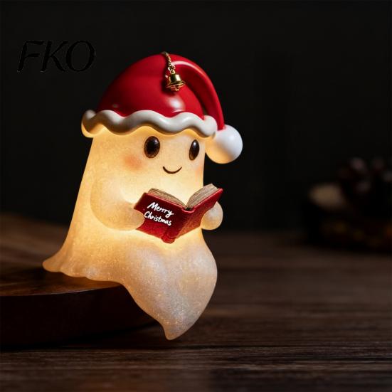 Halloween Decor Reading Ghost Night Light Cute 3D Xmas Hat Bedside Lamp Bedroom Resin Book Nightlight for Study Room Party Wireless