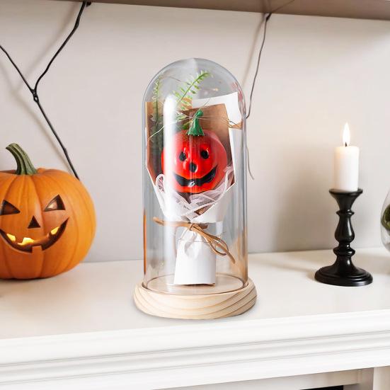 Halloween Light Up Pumpkin In Clear Cloche Handmade Glowing Pumpkin Light for Home Kitchen Mantel Tabletop Indoor Halloween Decoration