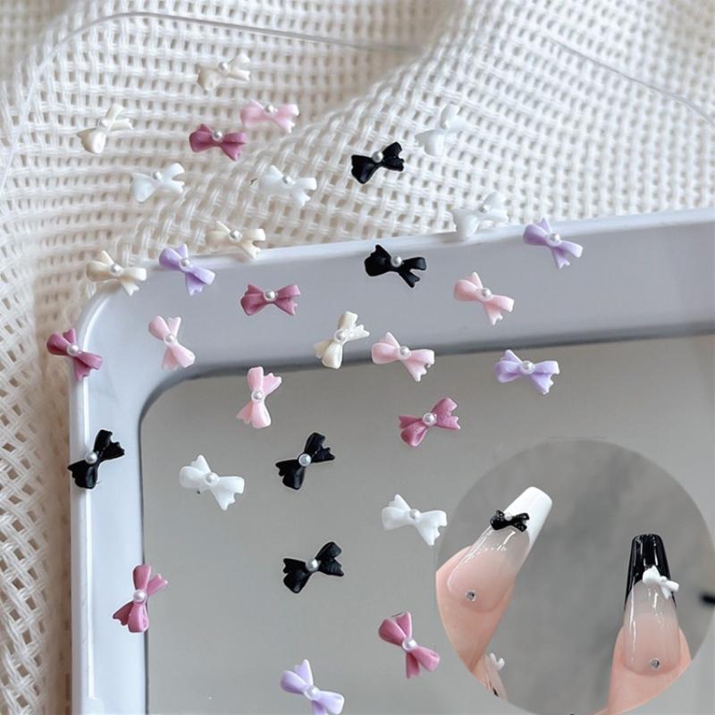 50/60Pcs Mix Color Bow With Pearl Korea Style Nail Art Charms 3D Pink Black White Bowknot Nail Accessories Diy Design