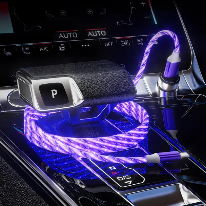 Car Charger Cable with Rainbow LED Light Show 1M Type C to USB Fast Charging for iPhone Samsung Huawei Xiaomi Phone Charging New 5