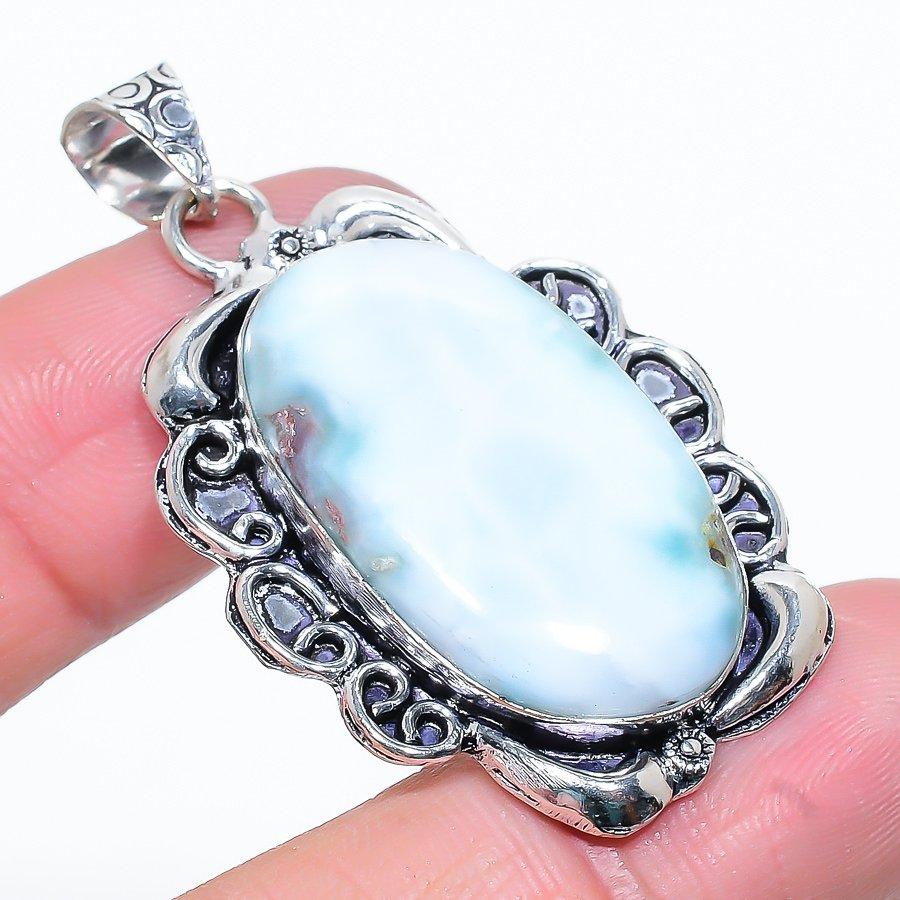 Caribbean Larimar Gemstone 925 Sterling Silver Jewelry Pendant 1.97" N7b76