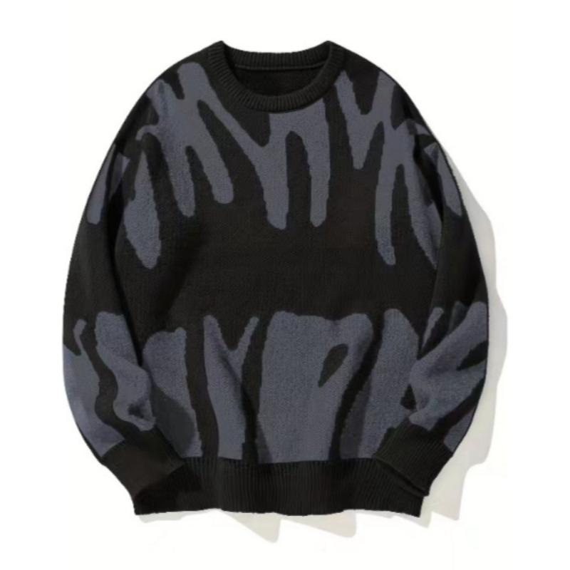 Men's Autumn Winter Irregular Jacquard Pattern Pullover Sweater Casual Round Neck Contrast Color Knitted Men's Pullover