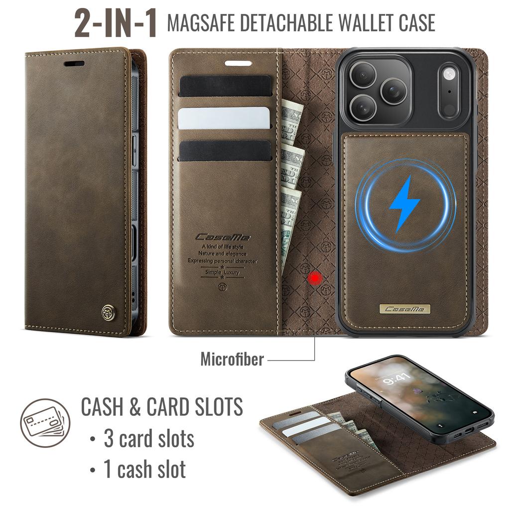For iPhone 17 Pro Max Case CASEME C49 Compatible with MagSafe RFID Blocking Detachable Wallet Leather Phone Cover