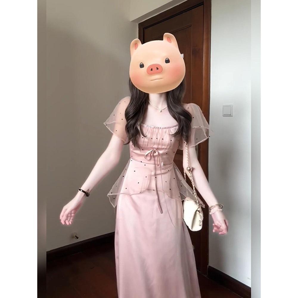 Милое платье с сетчатыми вставками в горошек, женское летнее, с темпераментом, нежное, с завышенной талией, тонкое, А-силуэта, длинное