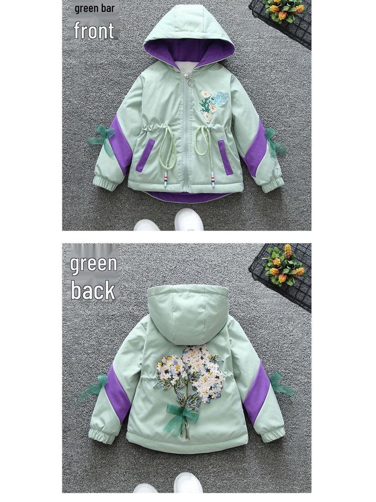 2025 Осень/Зима Теплая флисовая куртка-ветровка с капюшоном для девочек, с поясом для подчеркивания талии, для детей