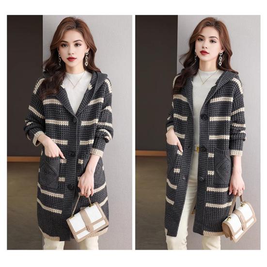 Женское вязаное пальто с капюшоном, длинным рукавом, полосатым принтом, свитер, пальто с карманами, свободный