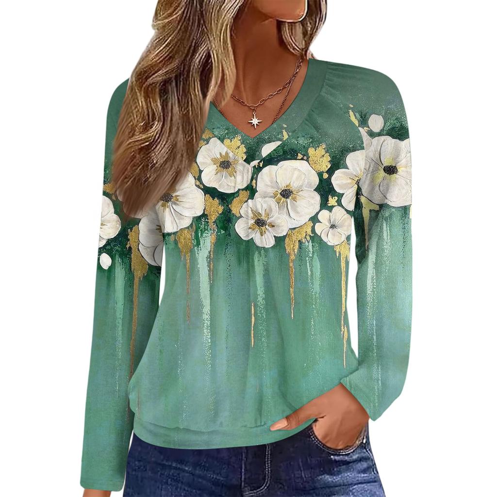 Женский повседневный модный топ с V-образным вырезом, рукавами реглан, плиссировкой и цветочным принтом, с длинным рукавом