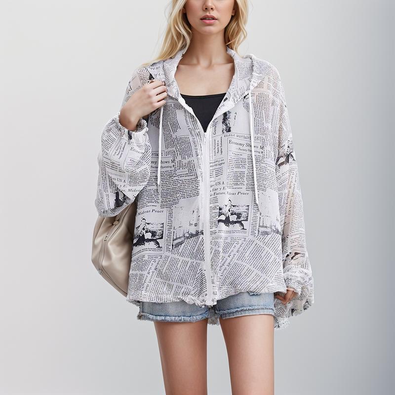 DIMANAF Женская блузка больших размеров, рубашки с газетным принтом, шифоновый тонкий кардиган на молнии, летние белые пальто большого размера