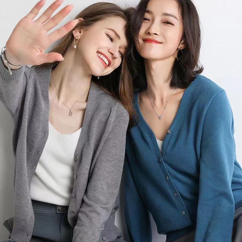 Women's V-Neck Knitted Cardigan Loose Slim Plus Size Sweater All-match Jacket Solid Color Basic Small Cardigans for Spring Autumn