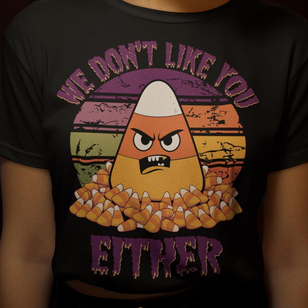 Funny Halloween Tee: We Don't Like You Either, Candy Corn Shirt