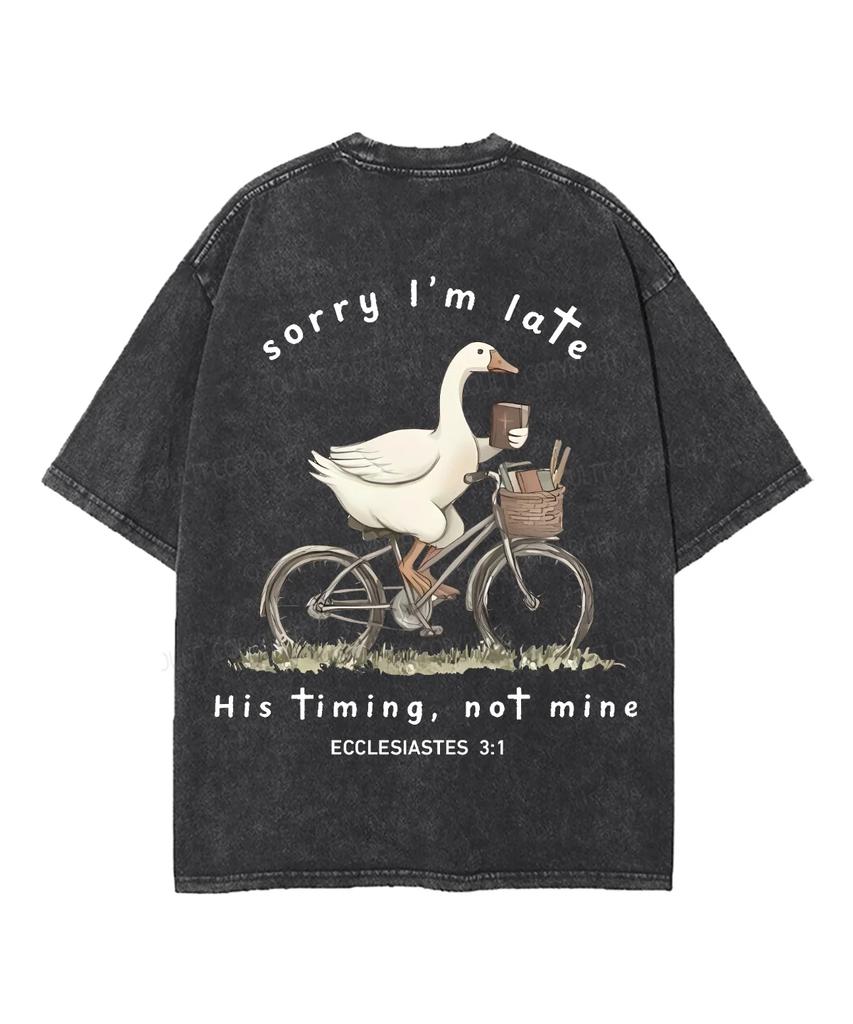 Vintage Washed Goose Bicycle Graphic T-Shirt, Sorry I'm Late His Timing Not Mine Ecclesiastes 3:1 Religious Inspirational Unisex