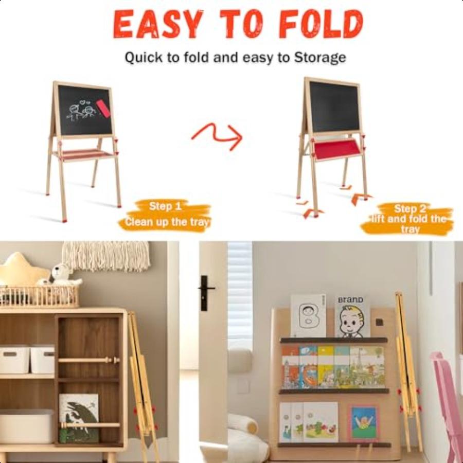 Wooden Art Easel for Double Sided Foldable Easels for Toddlers 3 4 5 6 7 8 9 10 Years Adjustable Standing Easel with Accories P